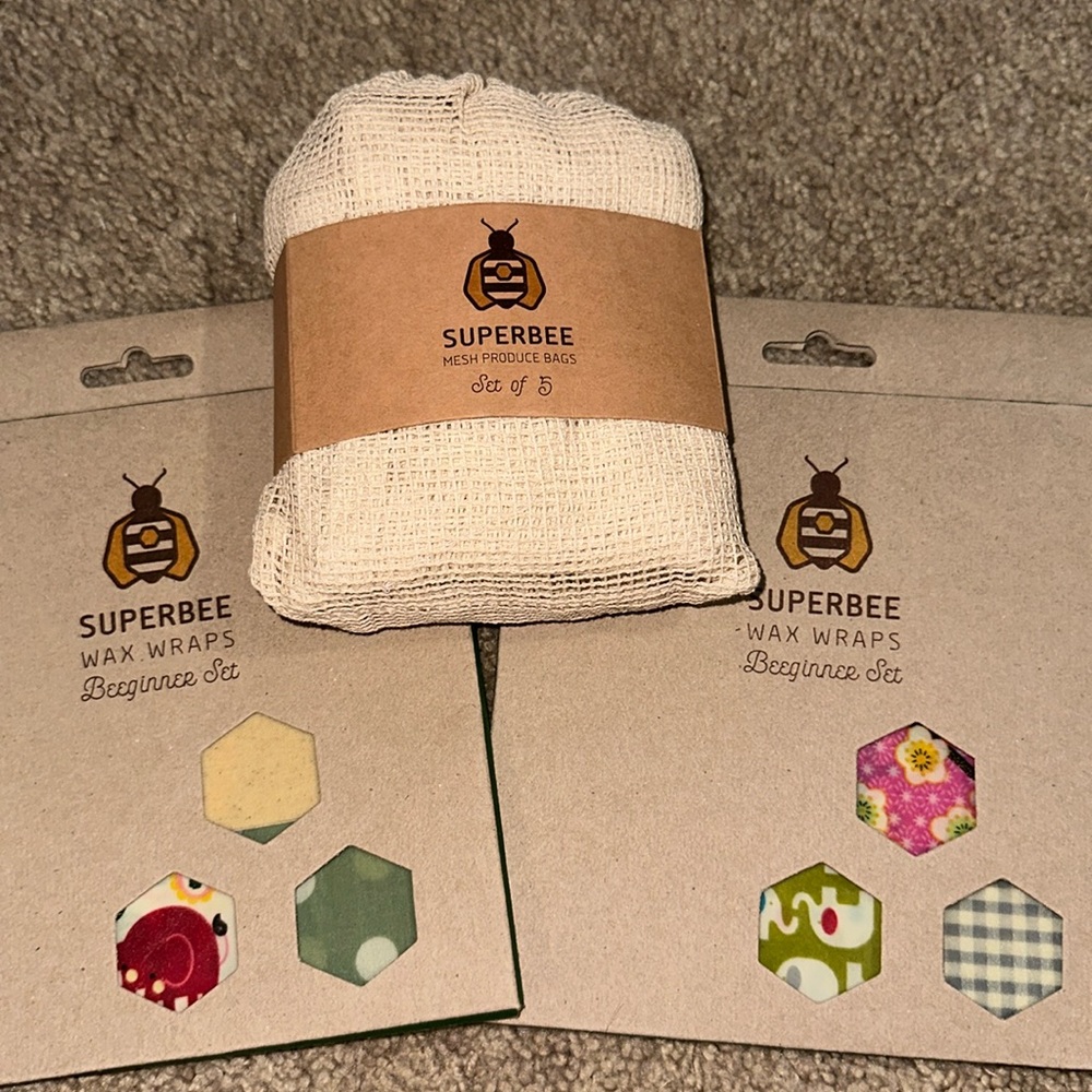 SUPERBEE BUNDLE- 2 Beeswax Wraps Beeginner Set of 3 Sizes - 5 Mesh Produ…